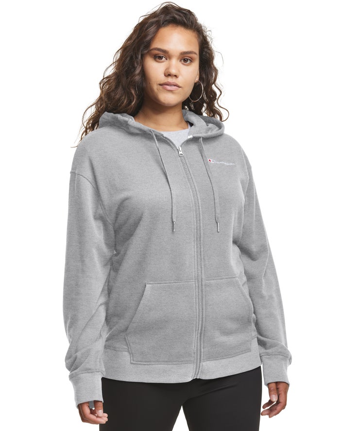 Champion Womens Hoodie NZ - Plus Campus French Terry Zip Embroidered Logo Grey ( 1849-DBRUQ )